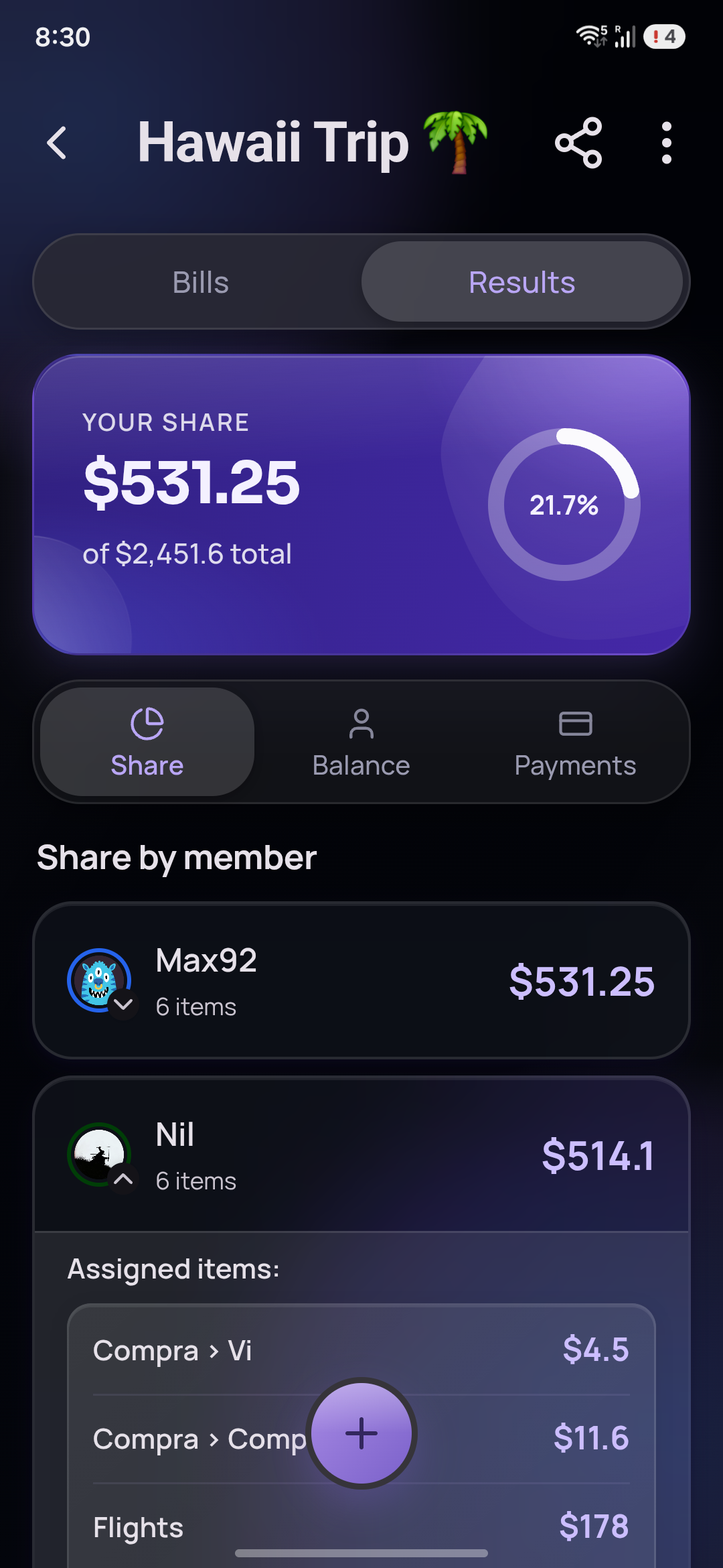 Assigning receipt items to each person in Slyce