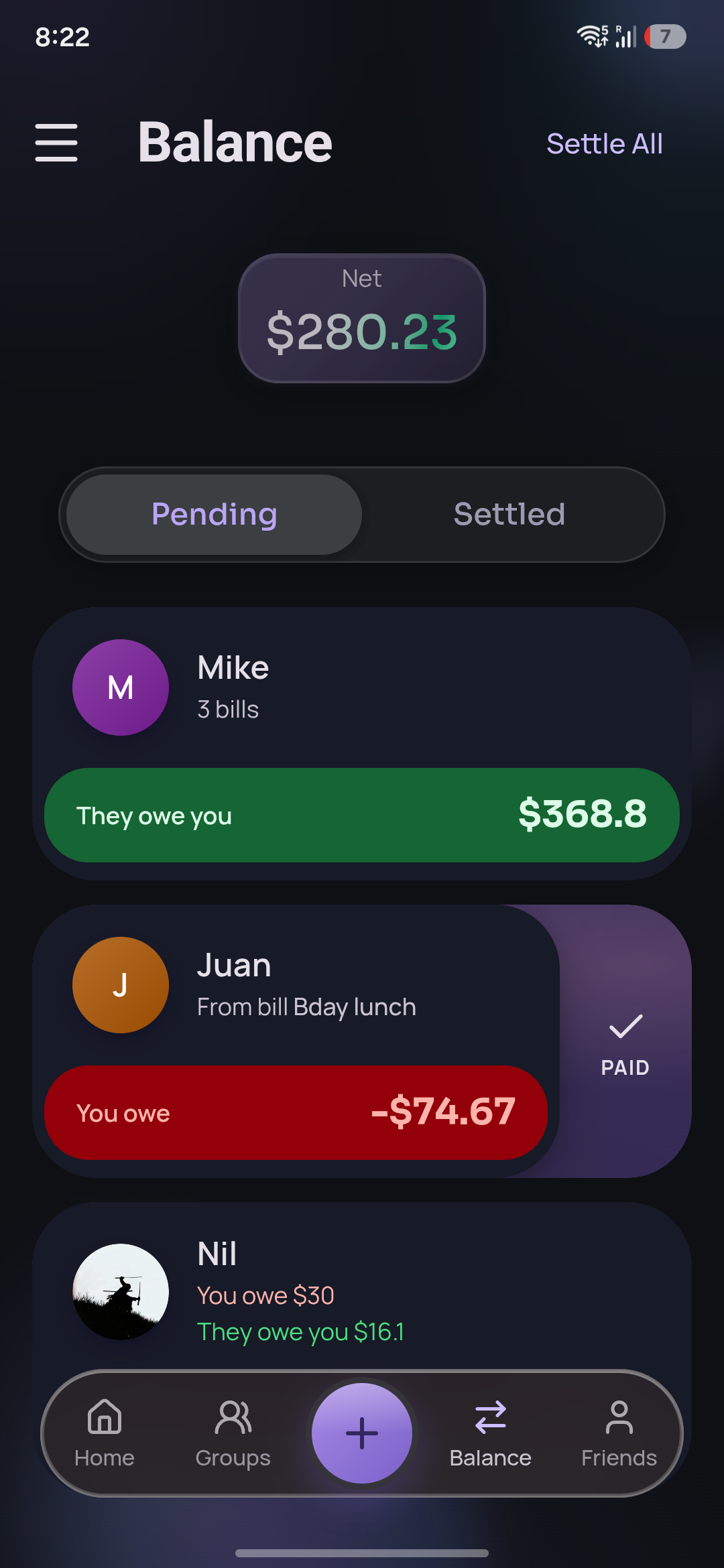 Slyce balance screen showing who owes whom