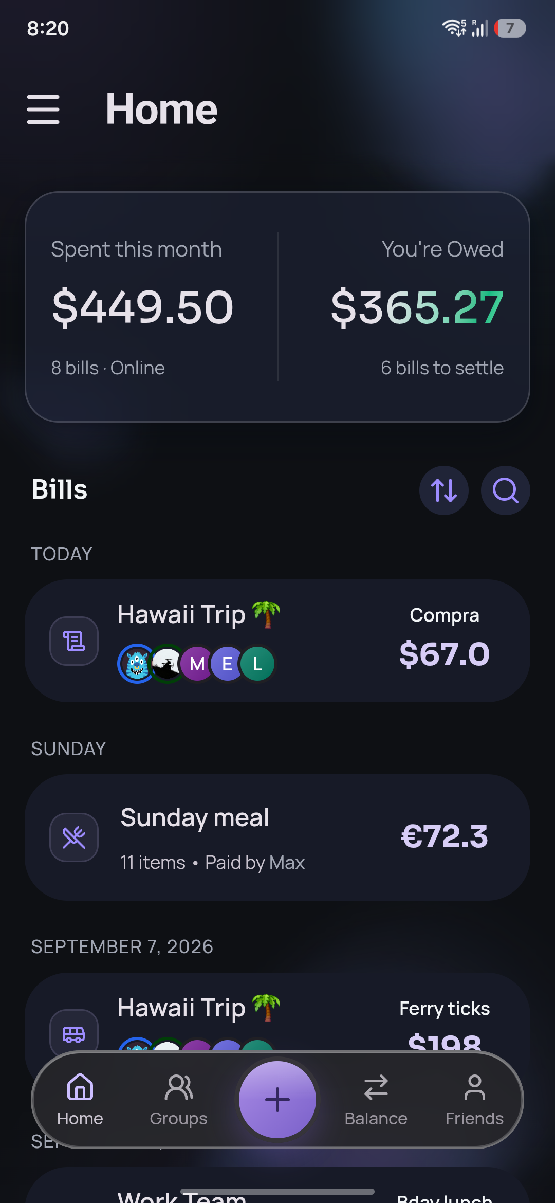 Slyce app home screen showing balances and recent bills